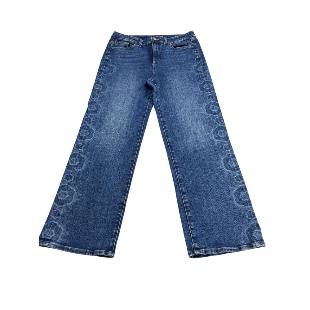 Chicos High Rise Straight Leg Jeans Size 1.5R Blue Floral Fade Print Cotton Blen